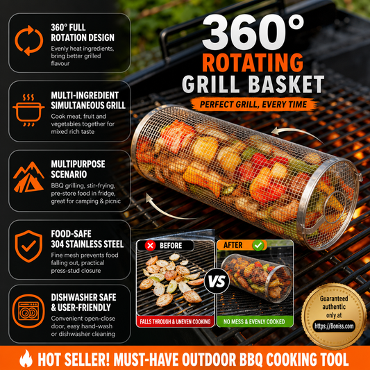 🔥🍖 Oferta BBQ por tiempo limitado – Cesta giratoria 360° para barbacoa | Cesta antiadherente para carne, verduras y más