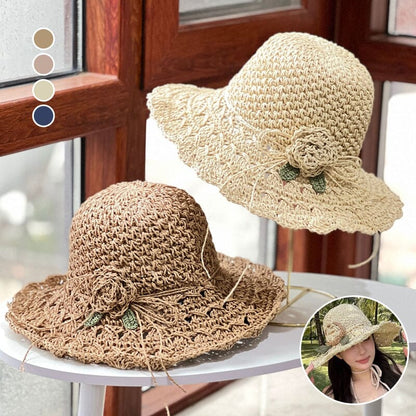 Elegante sombrero de paja de ganchillo con volante