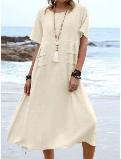 Vestido Midi de Algodón y Lino con Cuello Redondo para Mujer