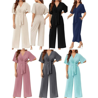 Women's Elegant V-Neck Wide Leg Waist Tie Jumpsuit
