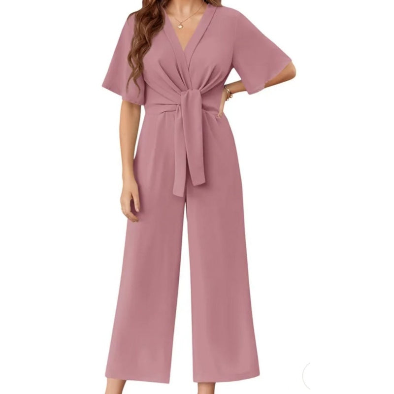 Women's Elegant V-Neck Wide Leg Waist Tie Jumpsuit