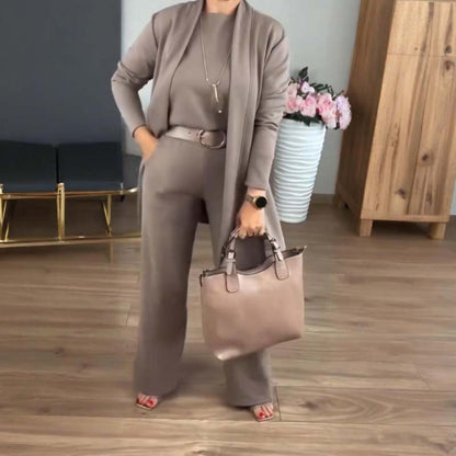 👗 60% OFF! ✨ Elegante Cárdigan de Línea Larga y Conjunto de Top & Pantalones de 3 Piezas – Estilo y Comodidad 🌟