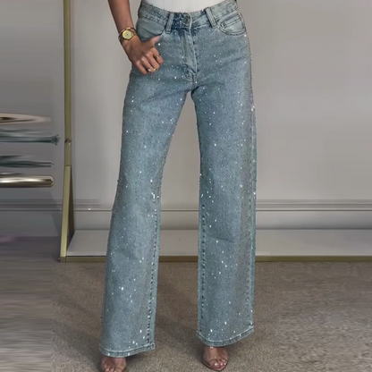 Jeans de pierna recta con strass | Tela micro-elástica con talle alto y corte ajustado