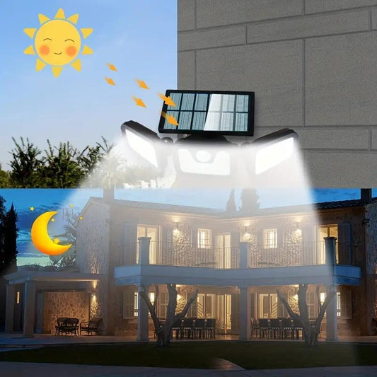 Lámpara Solar de Pared con 3 Cabezales y Sensor de Movimiento para Exterior