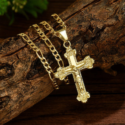 🔥【1° Más Vendido】⏰ Collar con colgante de crucifijo tono dorado – Diseño detallado INRI, cadena Figaro ajustable y joya religiosa para el día a día ✝️✨