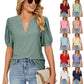 Blusa Holgada de Color Liso con Manga Abullonada Calada