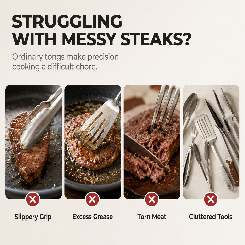 🥩🔥 3-in-1 Stainless Steel Steak Tongs – Serrated Cutting Edge with Spatula & Slotted Grip