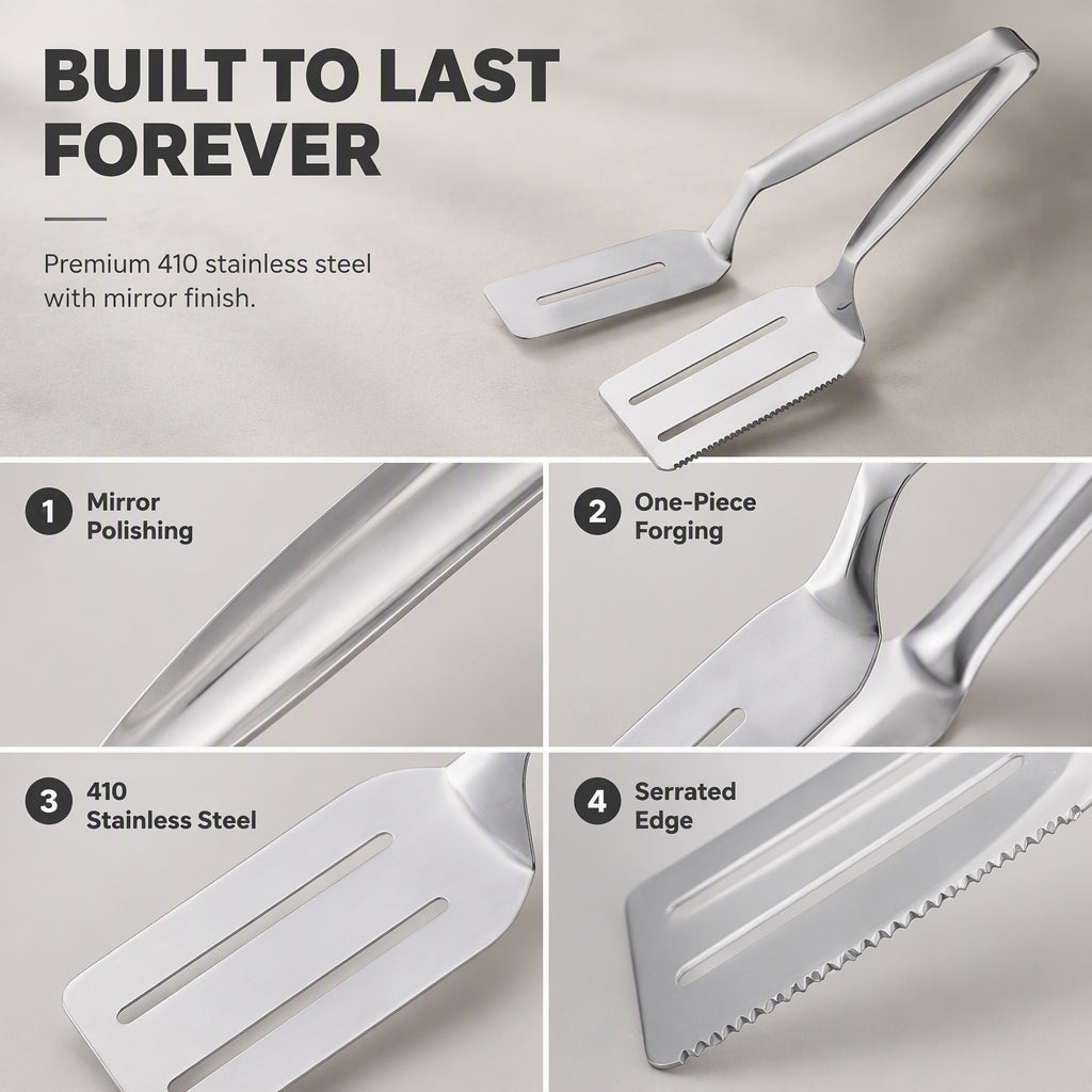 🥩🔥 3-in-1 Stainless Steel Steak Tongs – Serrated Cutting Edge with Spatula & Slotted Grip
