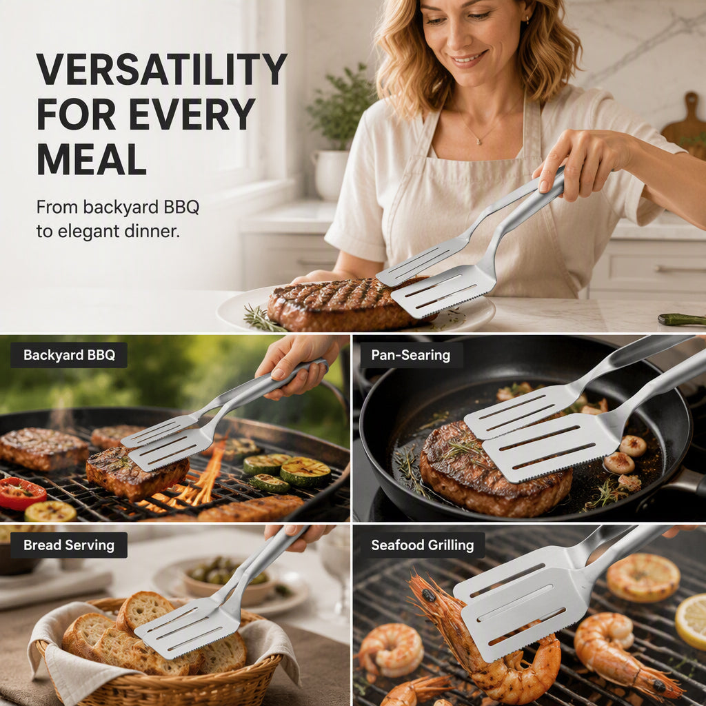 🥩🔥 3-in-1 Stainless Steel Steak Tongs – Serrated Cutting Edge with Spatula & Slotted Grip