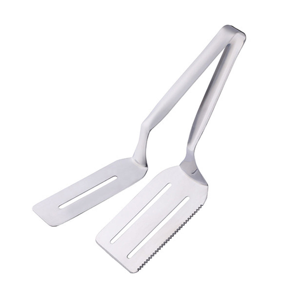 🥩🔥 3-in-1 Stainless Steel Steak Tongs – Serrated Cutting Edge with Spatula & Slotted Grip