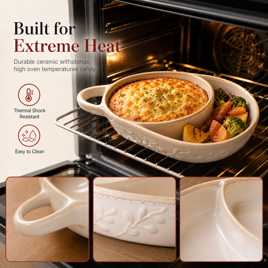 Retro Ceramic Divided Baking Dish with Single Handle